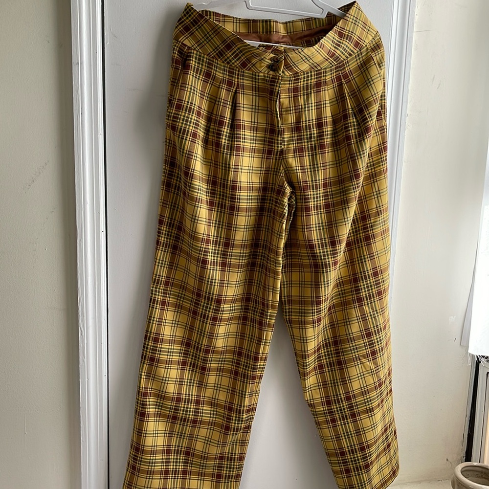 By Anthropologie yellow plaid wide leg, high waisted, pleated pants